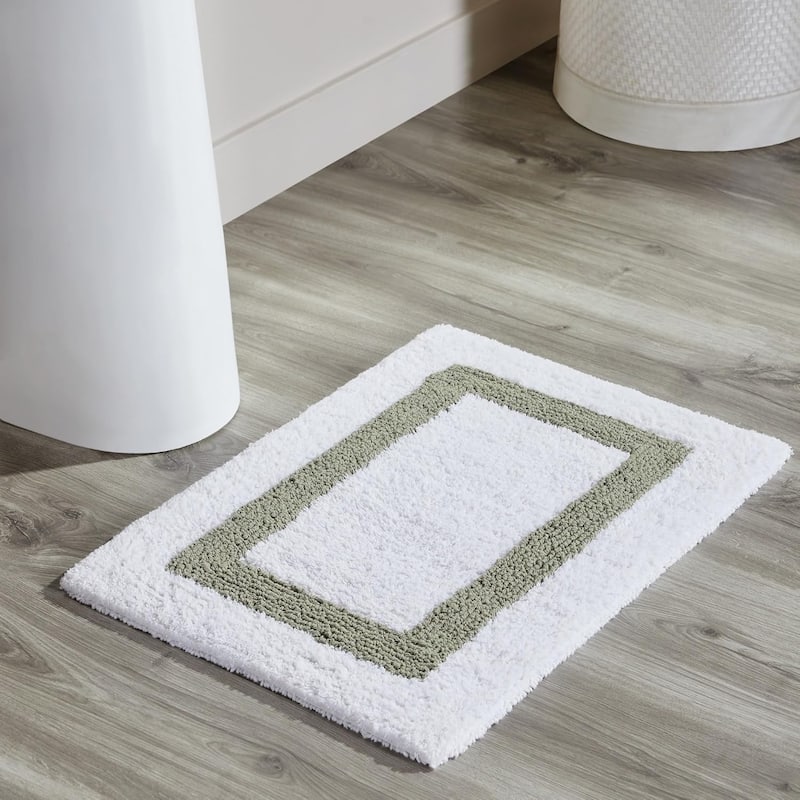 Better Trends Hotel Collection in Race Track 100% Cotton Super Absorbent Reversible Double Sided Machine Washable Bath Mat Rug - 17" x 24" Rectangle - White & Dark Sage