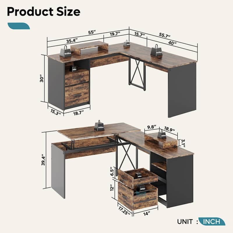 55.7" Uplift L Shaped Computer Desk with Drawers & Monitor Stand