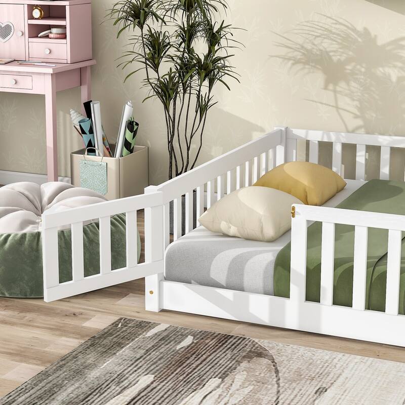 Full size Floor Platform Bed with Fence and Door