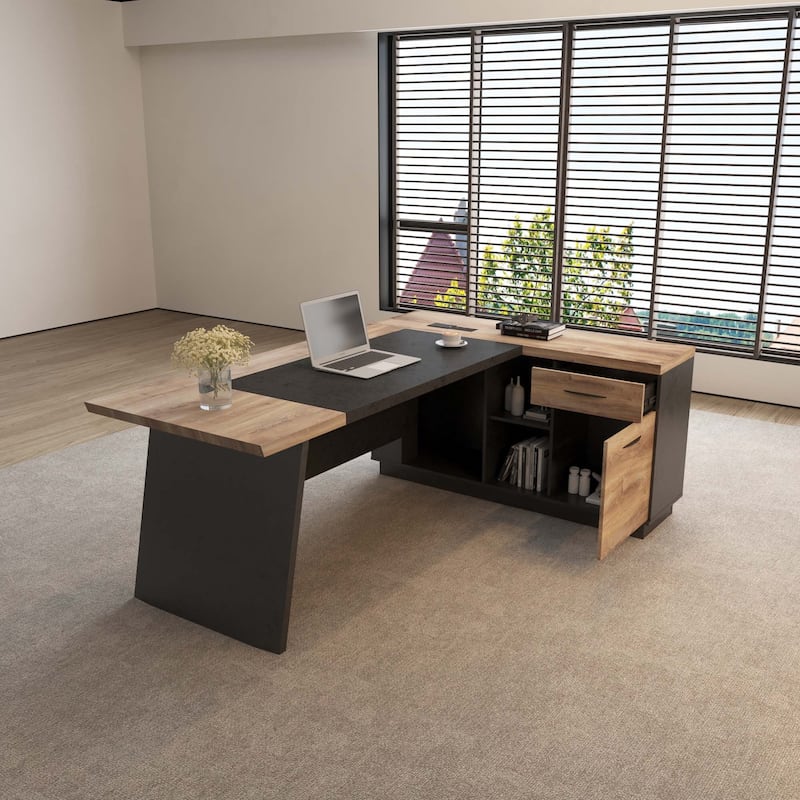 WESOME 78.74in Modern L-Shaped Executive Desk with Drawer 2-Tier Storage Shelves Cabinets