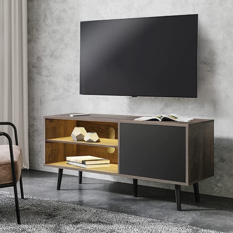WAMPAT Black/ Brown Mid-century Modern TV Stand