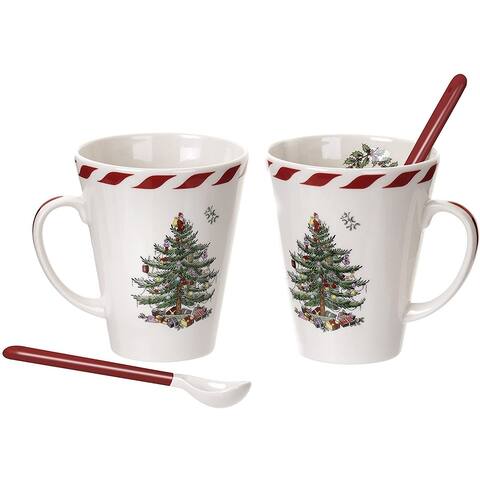 Spode Christmas Tree Set of 2 Peppermint Mugs with Spoons