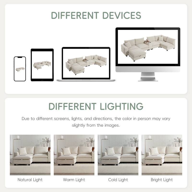 140" Corduroy U-Shaped Modular Sectional Sofa with Storage Ottoman & Console,and USB Charger, Cup Holders & 30" Wide Seats