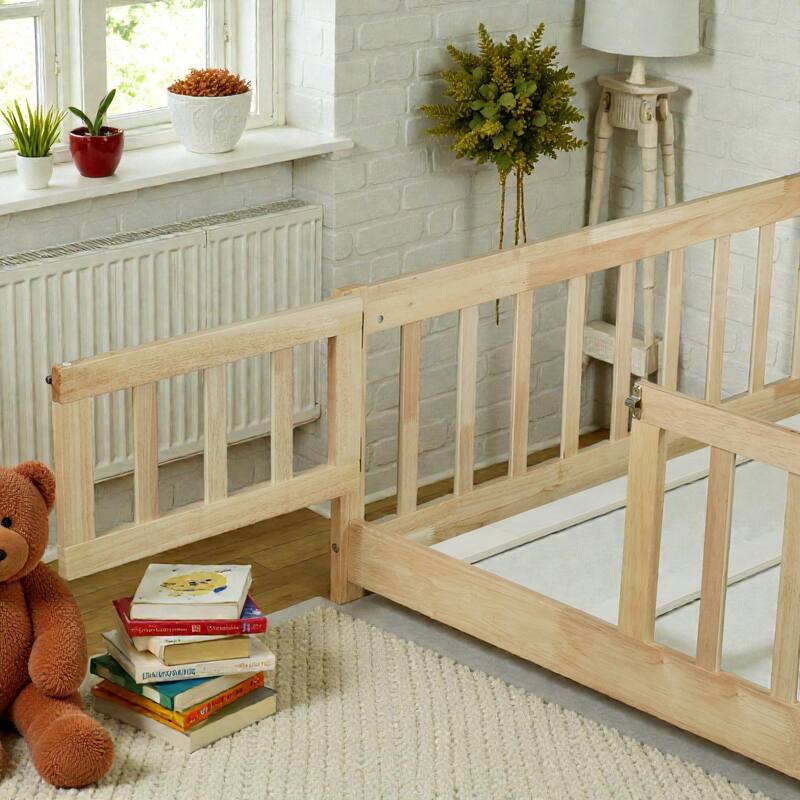 Queen Floor Bed with Fence and Door, Solid Rubber Wood Montessori Floor Bed with Safety Guardrails