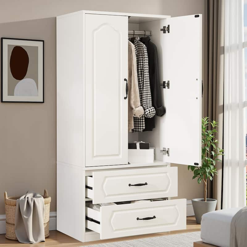 Pocassy 68.9" H Wardrobe Closet with 2 Doors and 2 Drawers - White