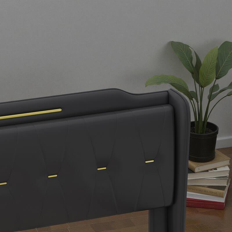 Queen/King PU Leather Upholstered Platform Bed with Wingback Headboard & Footboard, Gold Metal Accents and Wooden Slats