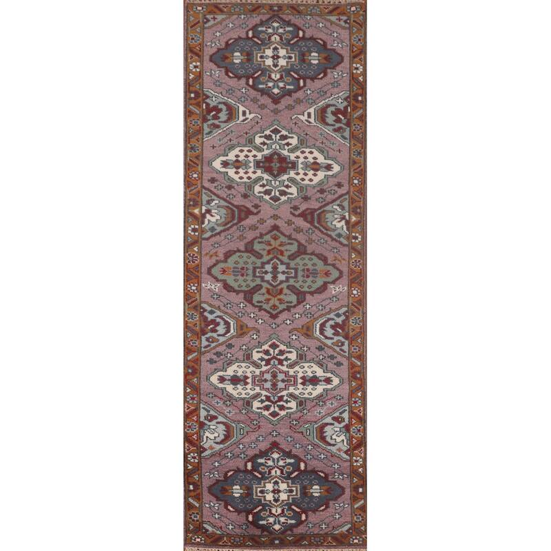 Geometric Purple Kazak Oriental Runner Rug Handmade Wool Carpet - 2'6"x 9'8"