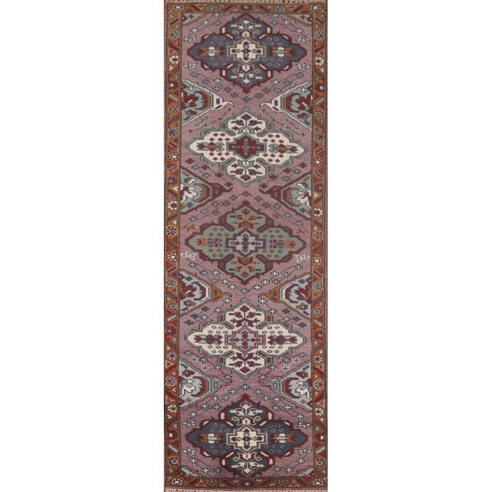 Geometric Purple Kazak Oriental Runner Rug Handmade Wool Carpet - 2'6"x 9'8"