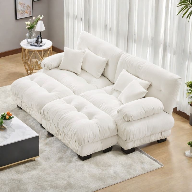 94.4" 2-Seater Chenille Cloud Couch with 4 Pillows and 2 Ottomans(Convertible Sleeper Sofa) - White