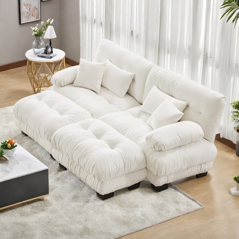 94.4" 2-Seater Chenille Cloud Couch with 4 Pillows and 2 Ottomans(Convertible Sleeper Sofa)