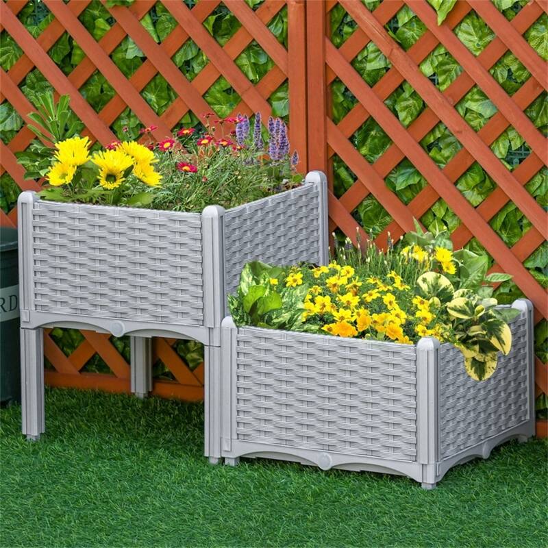 2-Pack Polypropylene Grey Elevated Garden Planters Box for Vegetables Herbs and Flowers - 15.75" L x 15.75" W x 17.3" H