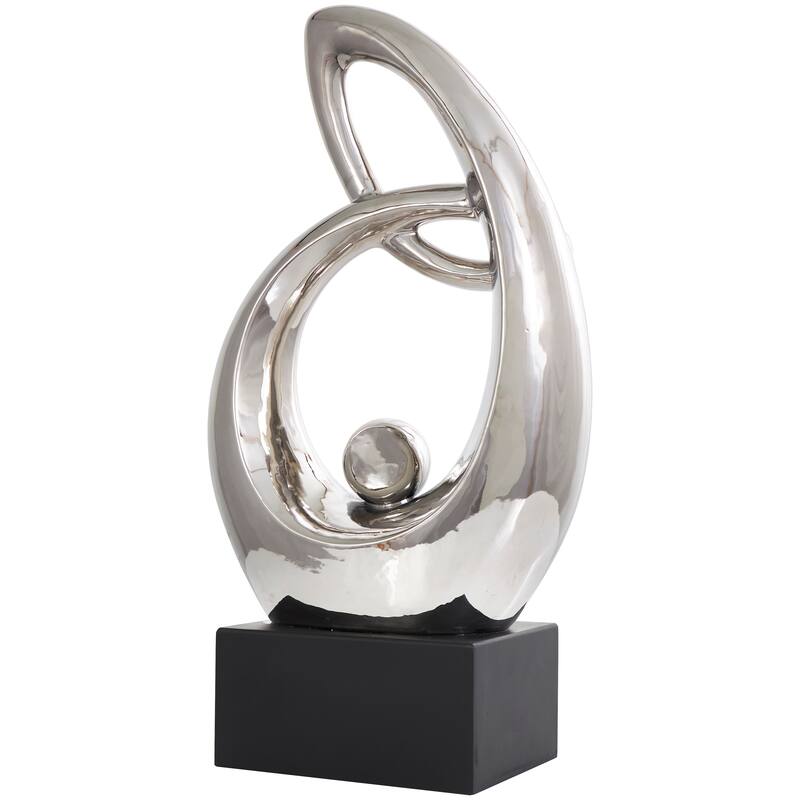 Silver Ceramic Looped Abstract Decorative Sculpture with Black Block Base