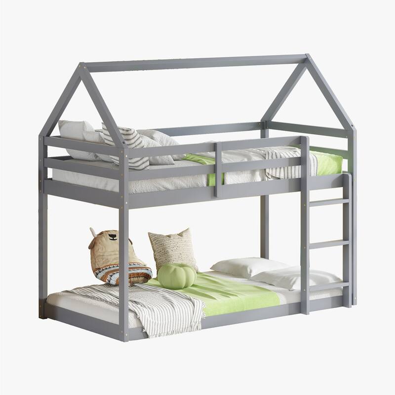 Grey Twin over Twin House-Shaped Bunk Bed with Ladder, Guardrails, and Low Height Design