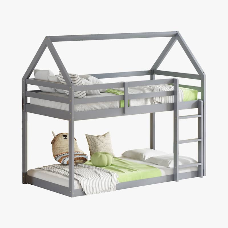 Twin over Twin Rubber Wood Floor Bunk Bed with Ladder, Guardrails, and House-Shaped Design, Pink Kids Bunk Bed