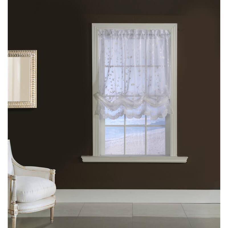 Grandeur Embroidered Sheer Curtain Valance and Tiers with Scallop Detail - 52" x 63" Balloon - White