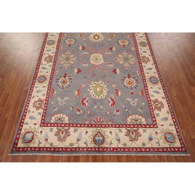 Gray Floral Oushak Oriental Area Rug Hand-Knotted Wool Carpet - 6'0" x 8'11"