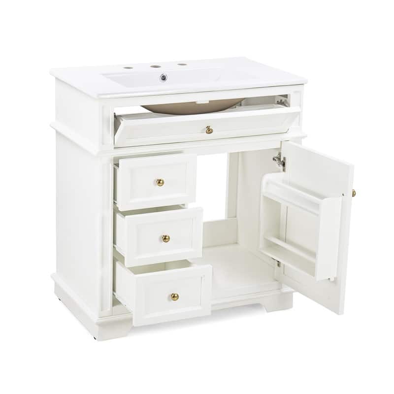 30" Bathroom Vanity with Ceramic Sink, Bathroom Vanity Cabinet with 3 Drawers, 1 Tip-out Drawer, Door Shelf & Soft Closing Door