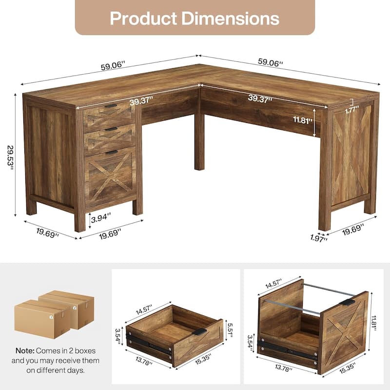 L Shaped Executive Desk with 3 Drawers, 59" Large Corner Computer Desk