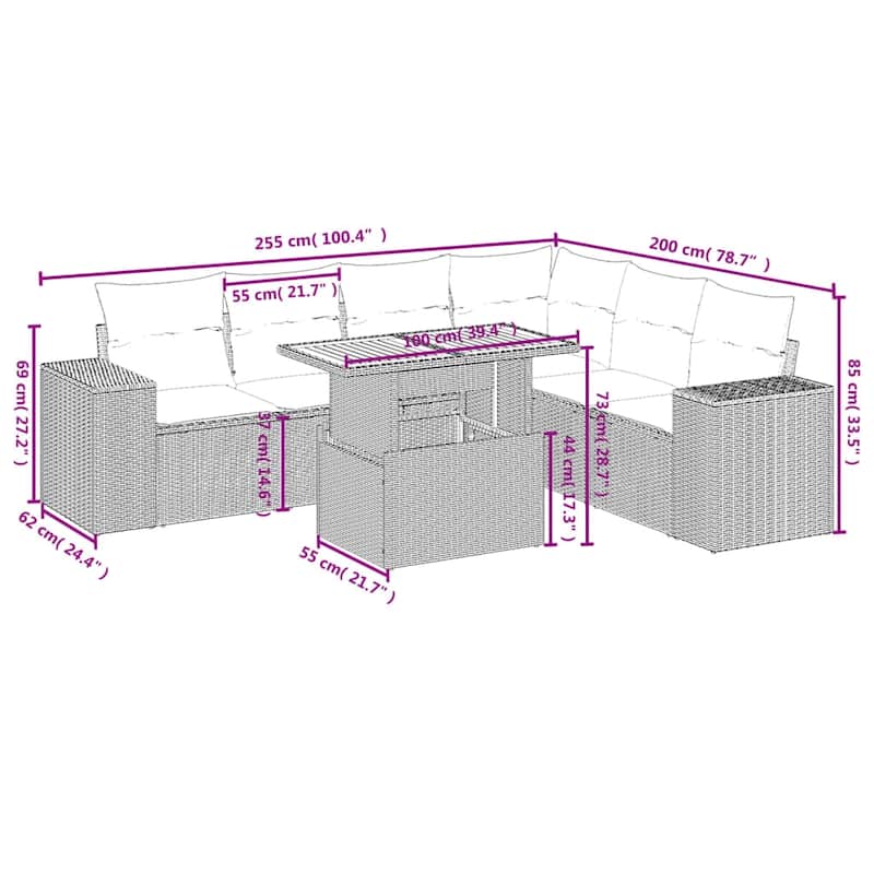 vidaXL Patio Sofa Set with Cushions Outdoor Furniture 7 Piece Poly Rattan - 24.4 x 24.4 x 27.2