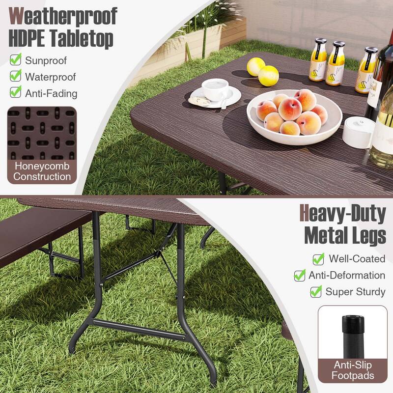 Costway 3 PCS Folding Picnic Table Set with 6 ft Table & 2 Benches - See Details