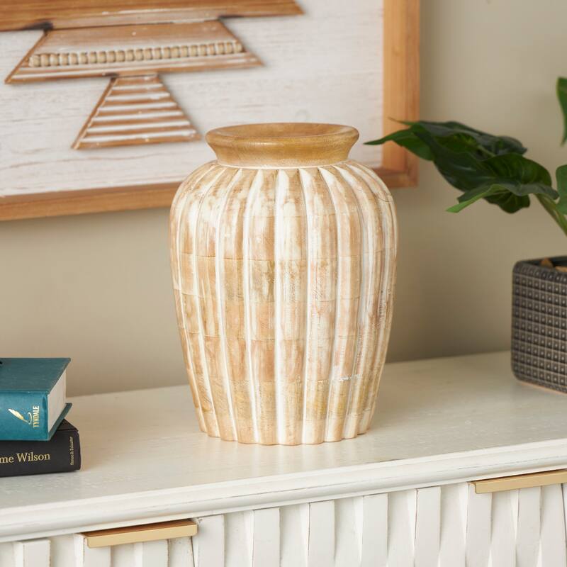 Light Brown Mango Wood Distressed Decorative Vase with Carved Ridges - Light Brown