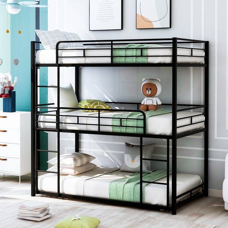 Metal Triple Bunk Bed with Built-in Ladders, Convertible into Platform Bedframe for 3 Kids Teens Adults, No Box Spring Required