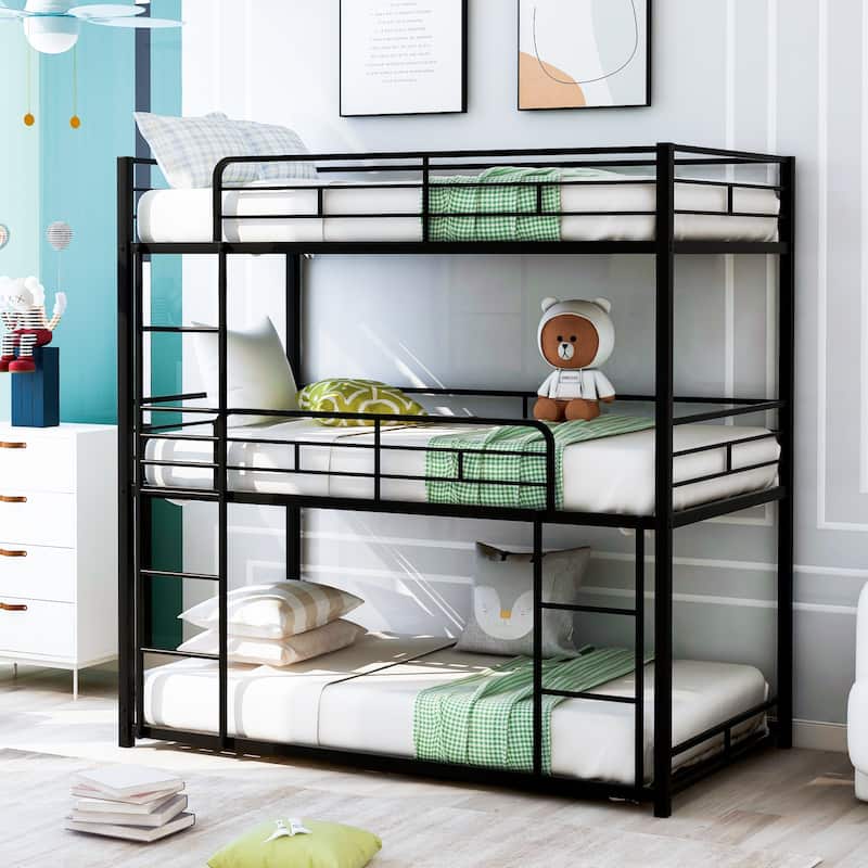 Twin Size Triple Bunk Bed Metal Frame Bed with Ladder - Black