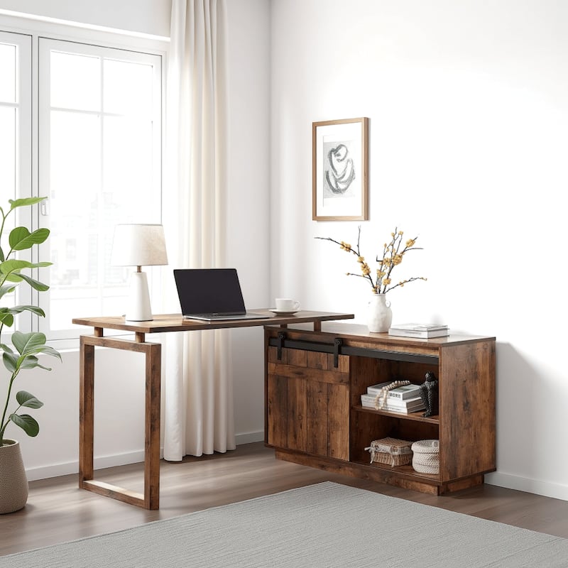 Fior L Shaped Writing Desk, 56 Inch Distressed Brown Wood, Barn Door