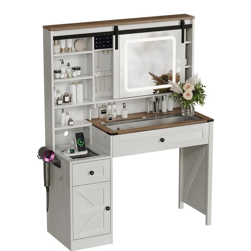 Particle Board, Melamine Veneer, 2 Drawers and 1 Door, Glass Desktop, Barn Door Style Dressing Table - N/A - Brown