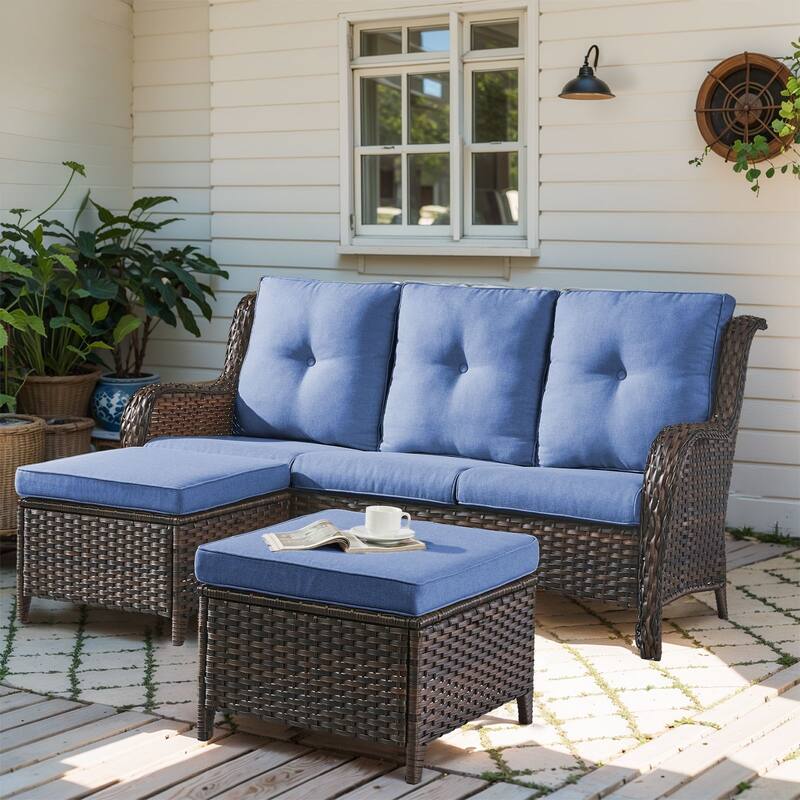 Gymojoy 3-Piece Outdoor Patio High-back Wicker Sectional Ottoman Set - Brown/Blue