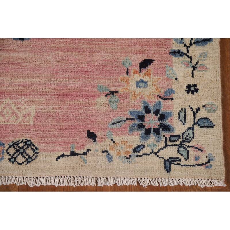 Pink Floral Oushak Vegetable Dye Runner Rug Hand-knotted Wool Carpet - 3'5"x 11'7"