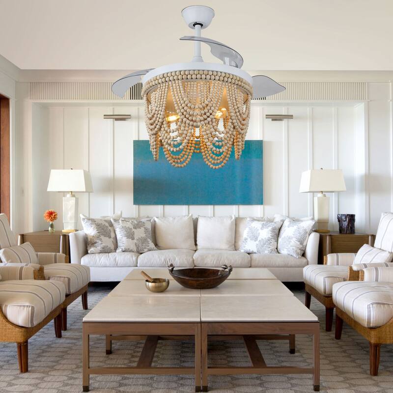 Cusp Barn 42 Inch Boho Retractable Ceiling Fan with Remote, Coastal 6 Speeds Fandelier, Farmhouse Caged Wood Beaded Ceiling Fan