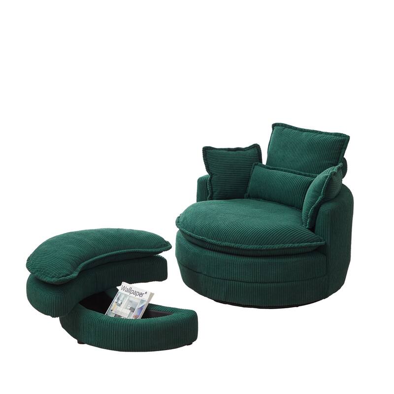 38"W Oversized Swivel Chair with Moon Storage Ottoman, 4 Pillows