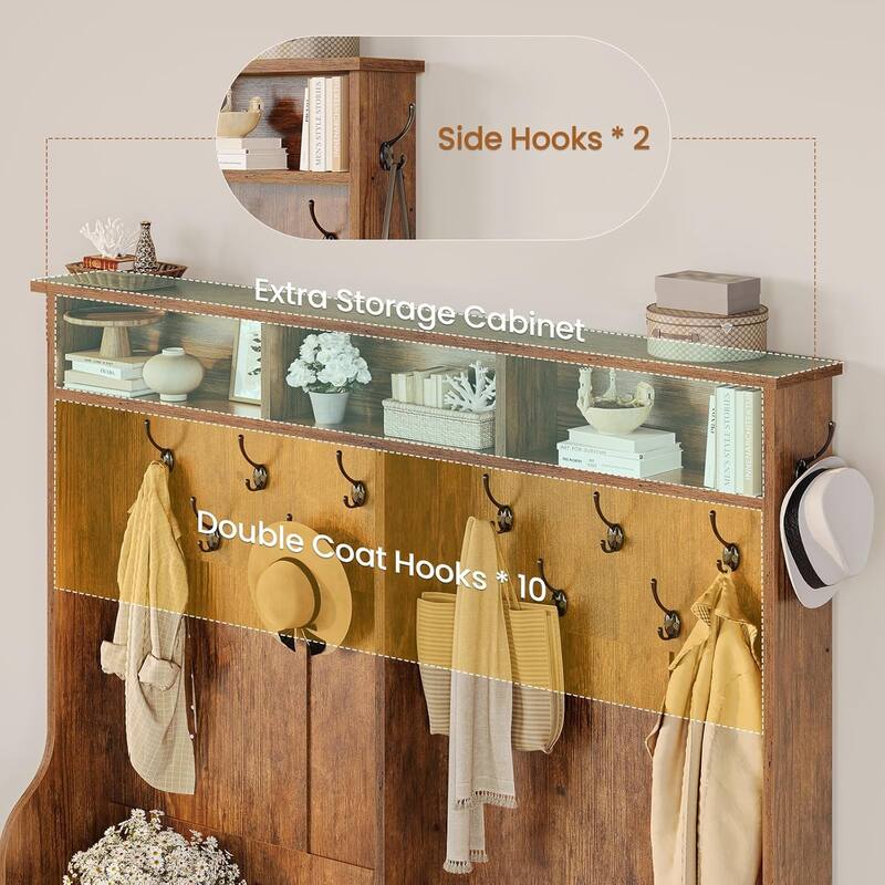 Hall Tree w/ Bench Shoe Storage Shoe Cubby Barn Door Adjustable Shelf