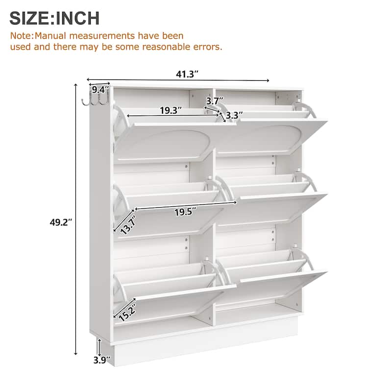 Sleek Cream-Colored Tipping Bucket Shoe Cabinet – Entryway Organizer with 6 Flip Drawers, Adjustable Shelf & 3 Silver Hooks