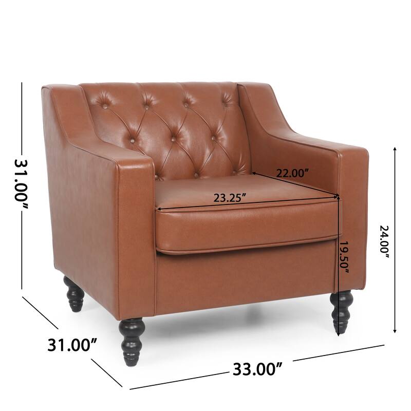 Roomfitters Tufted Faux Leather Accent Chair with Turned Wood Legs, Upholstered Armchair for Living Room, Brown