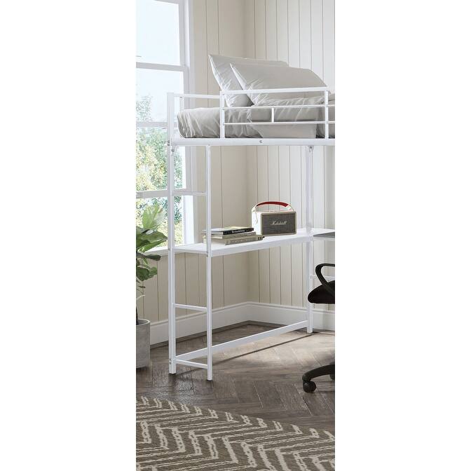 Full Loft Bed with Two Ladders and Desk, White Metal Frame, Space-Saving Design