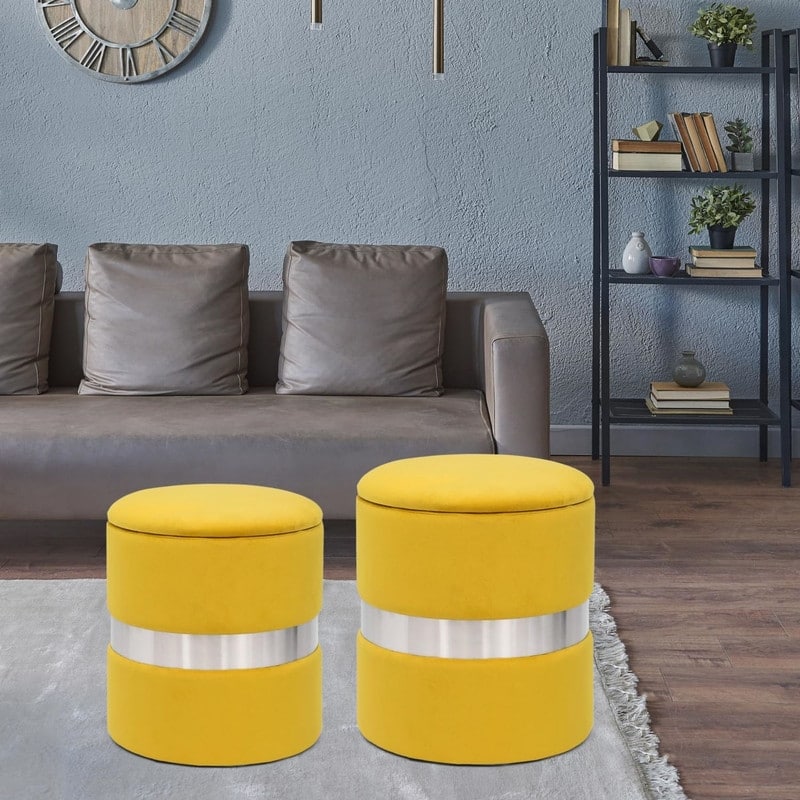 Round Velvet Storage Ottoman Set of 2