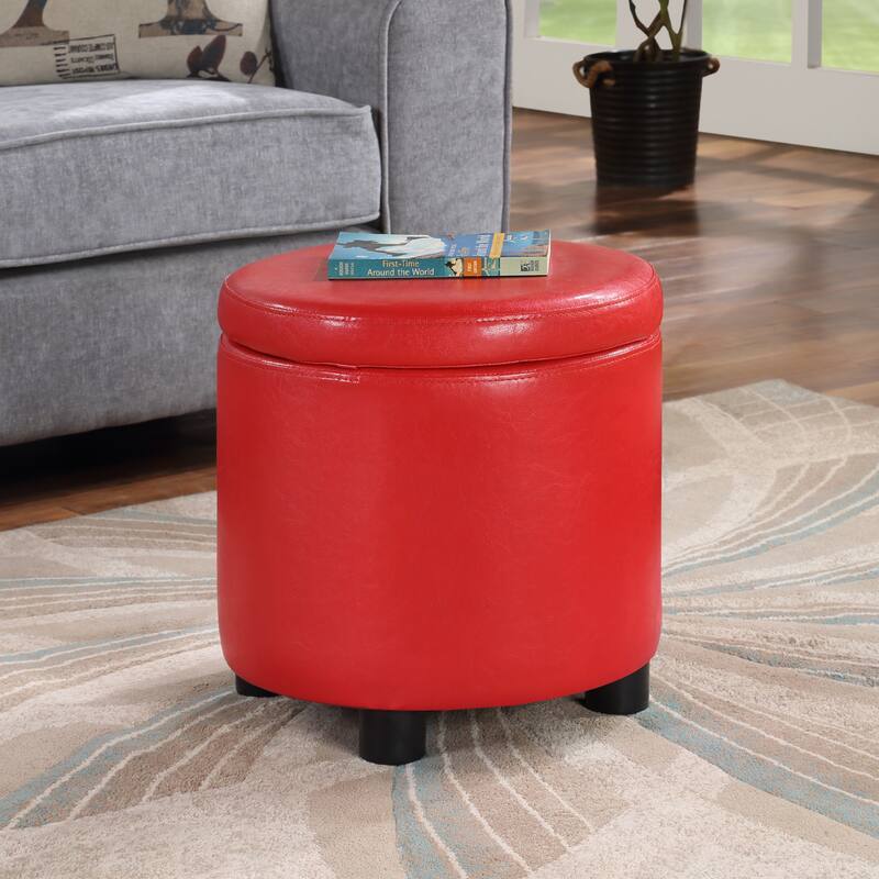Convenience Concepts Designs4Comfort Round Accent Storage Ottoman with Reversible Tray Lid - Red Faux Leather