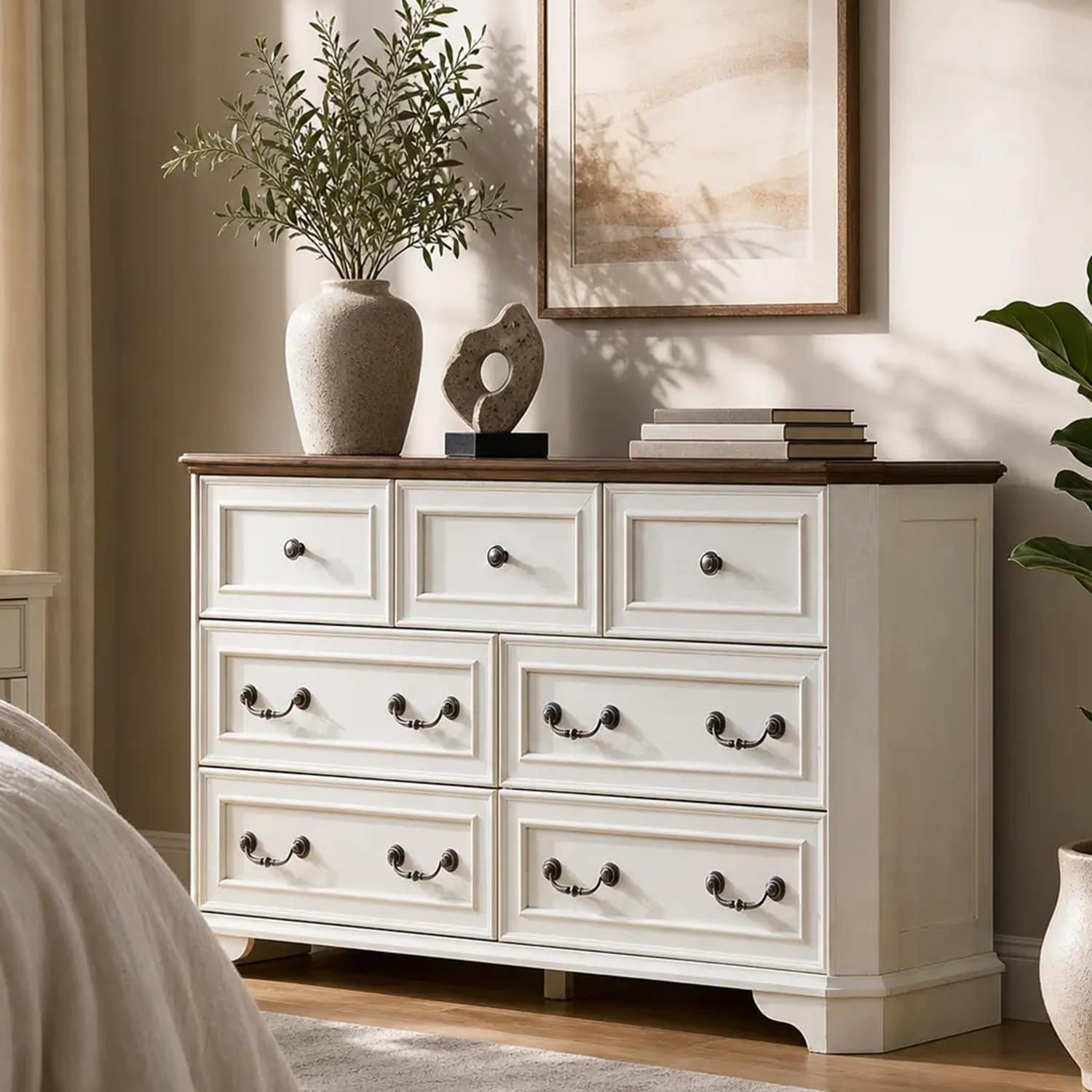Farmhouse 7 Drawers Dresser, Wood Rustic Chest of Drawers for Bedroom
