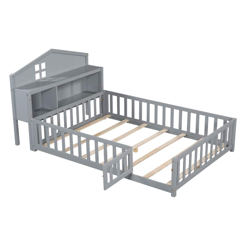 Full Size Plywood Montessori Floor Bed with Bookcases, Blackboards, Guard rails, Solid Wood Floor Beds and Storage Headboards