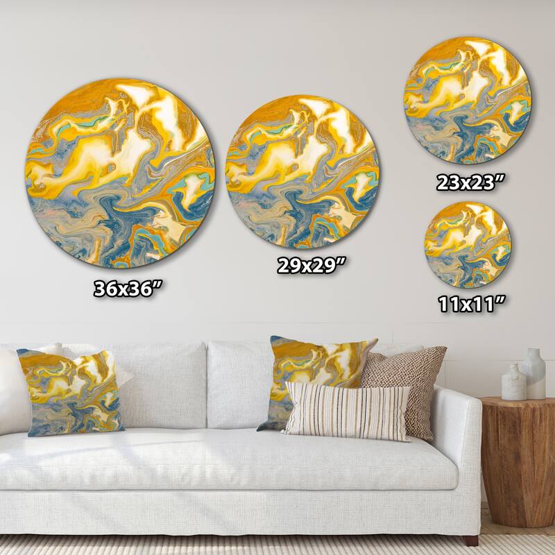 Designart 'Yellow And Blue Marble Waves I' Modern Metal Circle Wall Art
