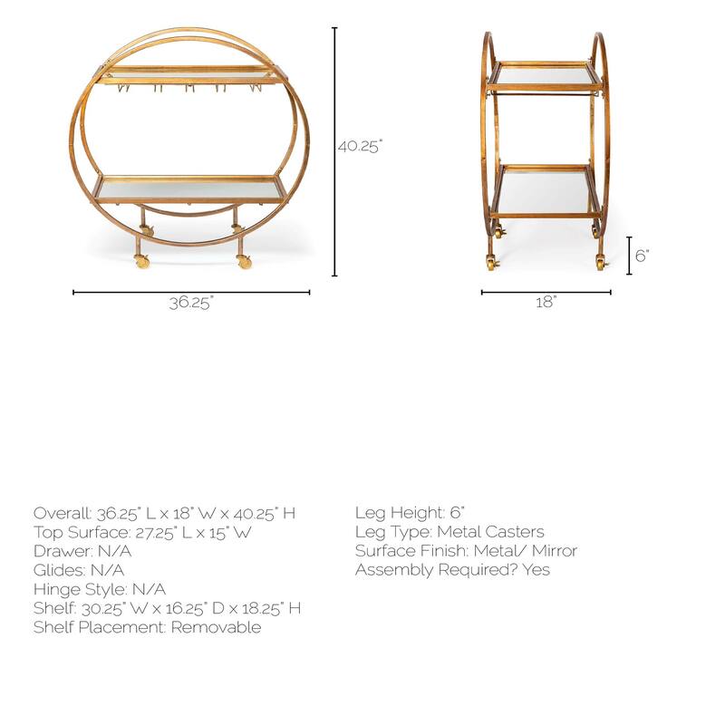 Carola Gold Iron Frame w/ Two-Tier Mirrored Shelves & Stemware Holder Bar Cart - 36.25L x 18.0W x 40.25H