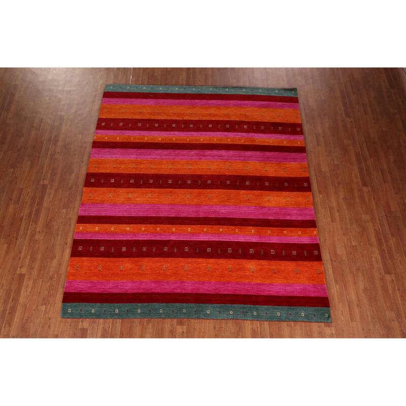 Striped Gabbeh Indian Area Rug Handmade Multi-Color Wool Carpet - 8'2" x 9'8"