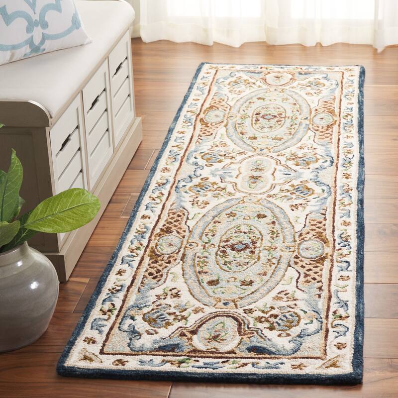 SAFAVIEH Handmade Aubusson Seren Traditional Oriental Medallion Wool Rug - 2'3" x 8' Runner - Ivory/Blue