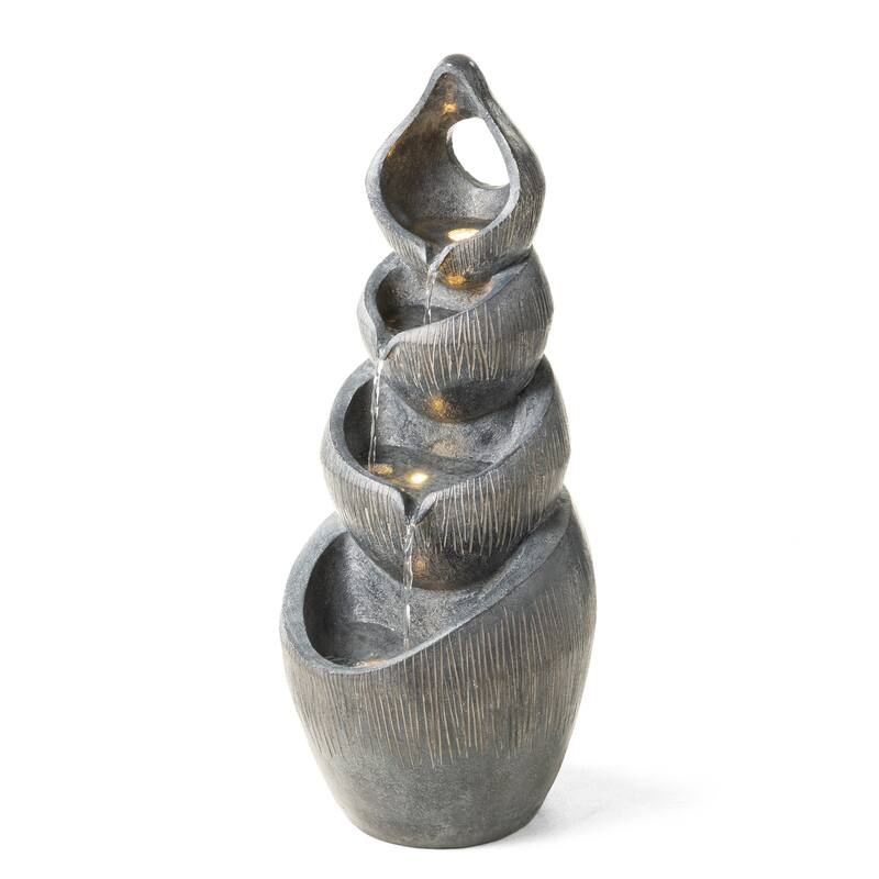 Glitzhome 34"H 4-Tiered Pre-lit Zen-Style Alms Bowl Polyresin Indoor Outdoor Floor Fountain