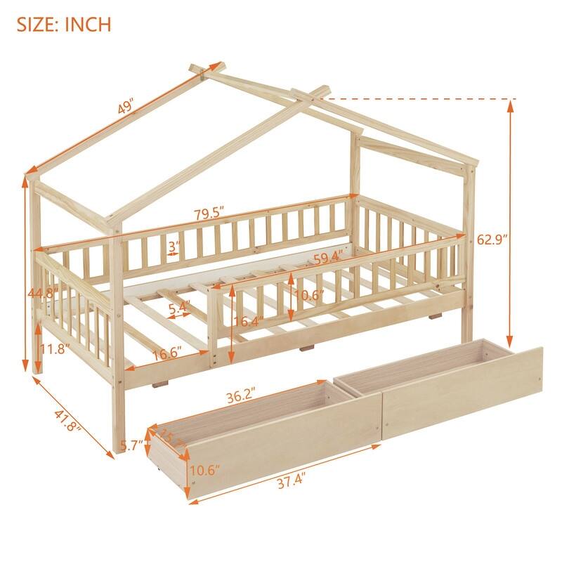 Twin House Bed with 2 Storage Drawers,Rails and Roof for Kids