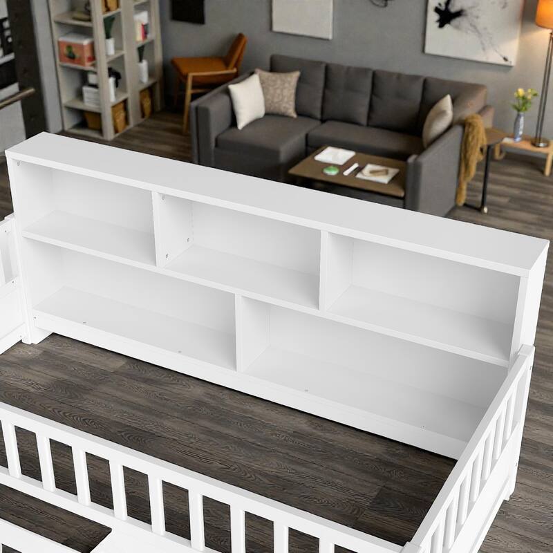 Wooden Floor Bed with Fence Guardrails, Montessori Style Kids Bed Frame with Side Storage Design