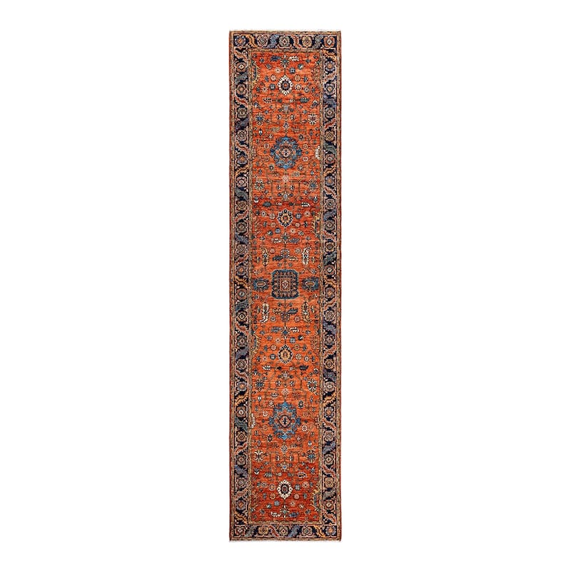 Hand Knotted Traditional Tribal Wool Orange Area Rug - 2' 9" x 12' 11"