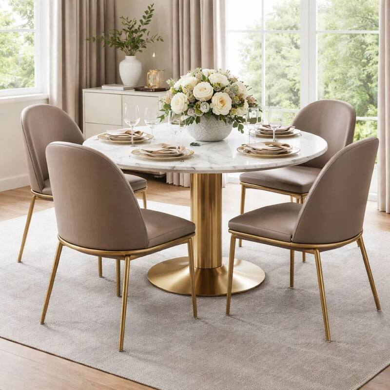 20 Inch Set of 2 Dining Chairs, Brass Tubular Frame, Taupe Faux Leather